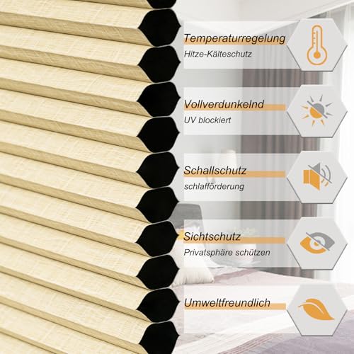 WOLTU Wabenplissee ohne Bohren verdunkelung, 100 x 120 cm, Beige-Weiß – Ansicht 2