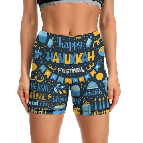 Happy Hanukkah Jewish Chanukah Holiday High Waist Yoga Shorts for Women Athletic Shorts Leggings Running Pants Black