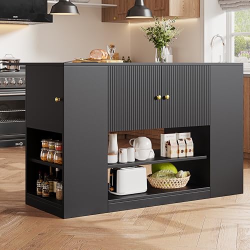 ModernLuxe Kitchen Island with Fold Out Tabletop, Modern Kitchen Sideboard with Drawers & Shelves, Multifunctional Kitchen Cabinet for Dining Room & Kitchen,Black, 140 x 40 x 90 cm