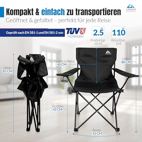 LINUMA® Faltstuhl SCHWARZ Campingstuhl Anglerstuhl mit Getränkehalter & Tragetasche - Anglersessel klappbar - Klappstuhl Gartenstuhl Faltstuhl Relaxsessel Angelsessel faltbar (1, Schwarz)
