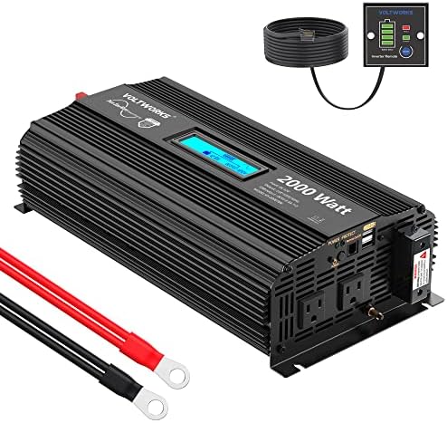 Pure Sine Wave 2000Watt Car Power Inverter DC 12V to 120V AC with 2 AC Outlets 2x2.4A USB Ports 1 AC Terminal Block Remote Control and LCD Display[3 Years Warranty] by VOLTWORKS