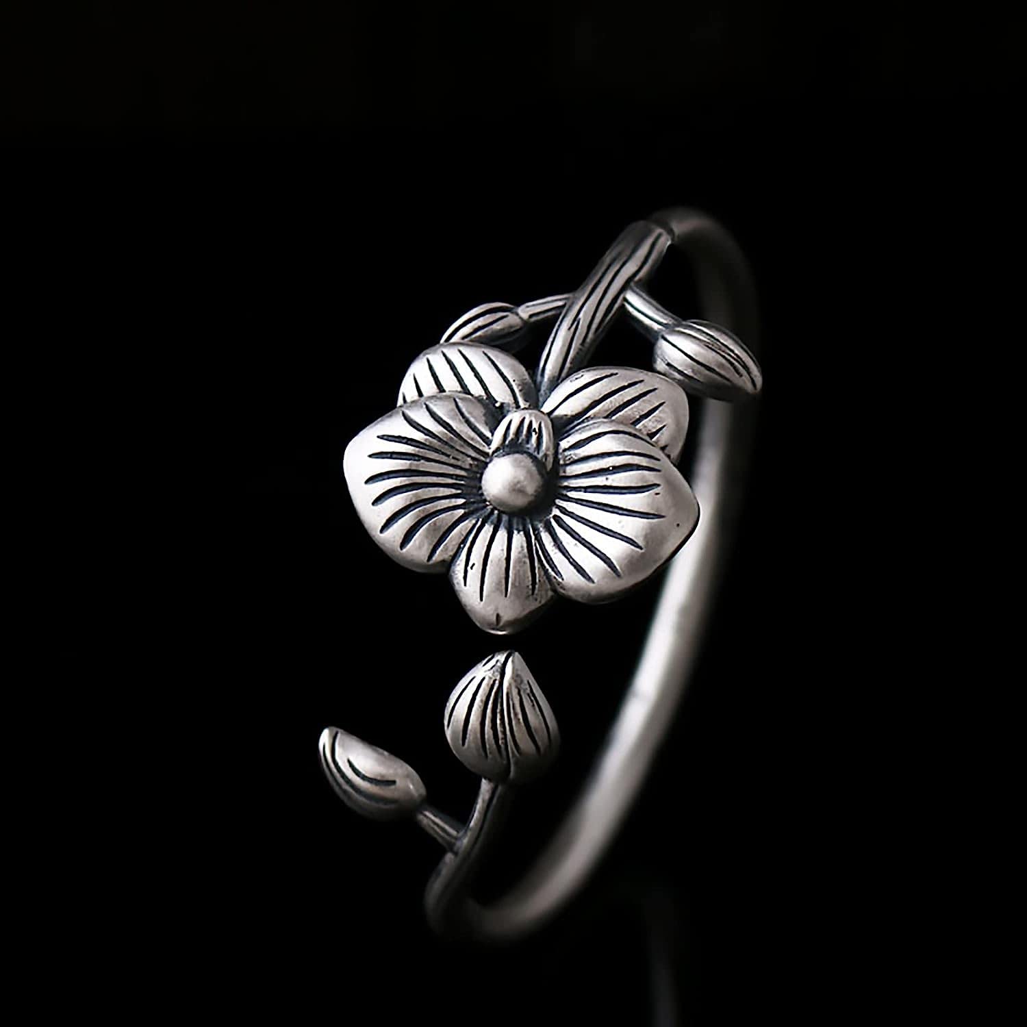 catene a catena, regolabili; Bracciale rigido aperto in argento sterling S990 for donna con motivi di loto e orchidea, 42 g
