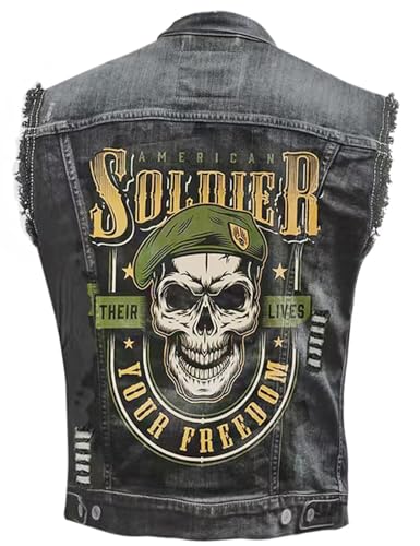 Men's Fashion Military Skull Print Denim Vest Retro Biker Style Jacket