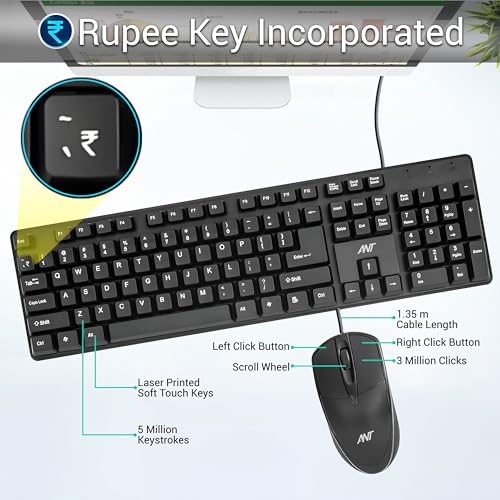 Image of Ant -Wired Full-Size Keyboard and Mouse Combo - Computer Accessories for Laptops and PCs, Ergonomic Design, Silent Keys, USB Connection, Compact Mouse, QWERTY Keyboard - Black, 02
