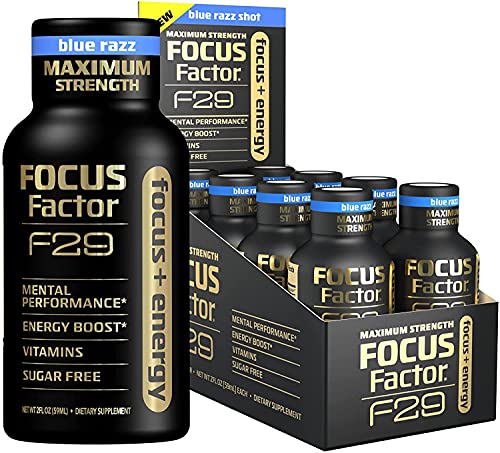 Focus Factor F29 Nootropic Focus + Energy Shot – Maximum Strength, Pack of 8 – Blue Raspberry Flavor – Nootropic Supplement, 5 Calories per Serving – Sugar Free Energy Drink - Nootropic Brain Booster