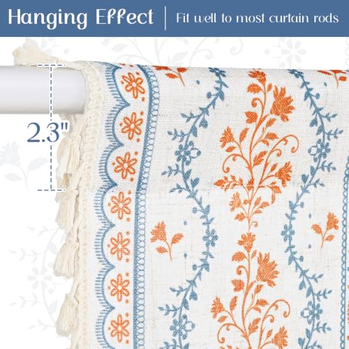 Image of Yinhua Boho Swag Valance Curtains Vintage Linen Valances for Windows Light Filtering Floral Kitchen Valance Rod Pocket Rustic Tassel Window Valances for Bathroom, 60 inch W x 36 inch L, Blue Orange Floral