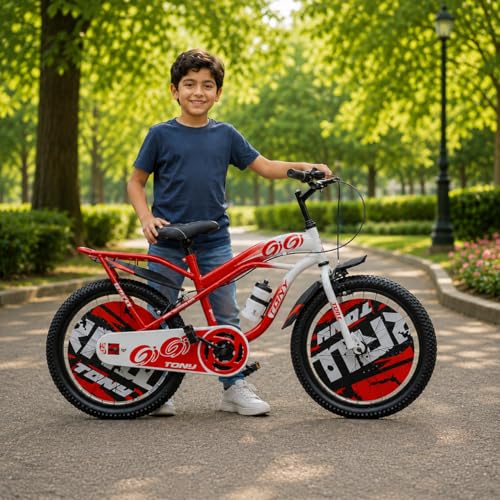 Image of Tony RAW Bicycles Gigi Sports BMX Single Speed Steel Frame 20T Bicycle Cycle for Kids 7 to 10 Years Boys & Girls Double Back Seat with Side Stand and Water Sipper Red White