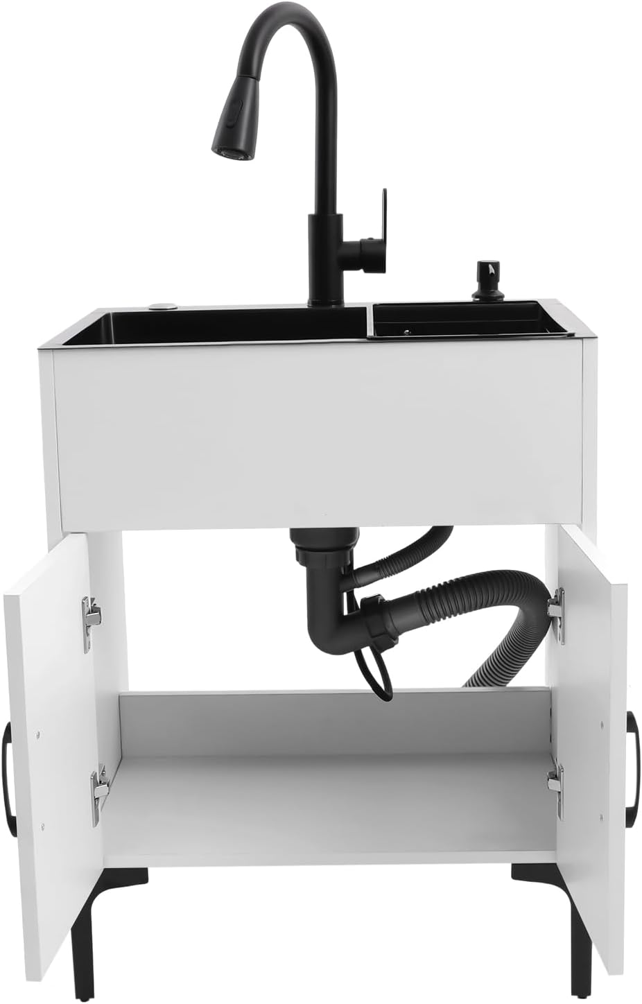 24 inch Laundry Sink with Cabinet and Pull-Out Faucet, Freestanding Utility Sink Cabinet with Stainless Steel Sinks & Draining Basket, White Cabinet with Sink for Laundry & Utility Room