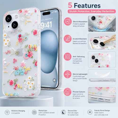 Image of SQUIF for iPhone 14 Plus / 15 Plus Back Case Cover Soft Silicone Translucent Matte Floral Printed Camera Protection (White)