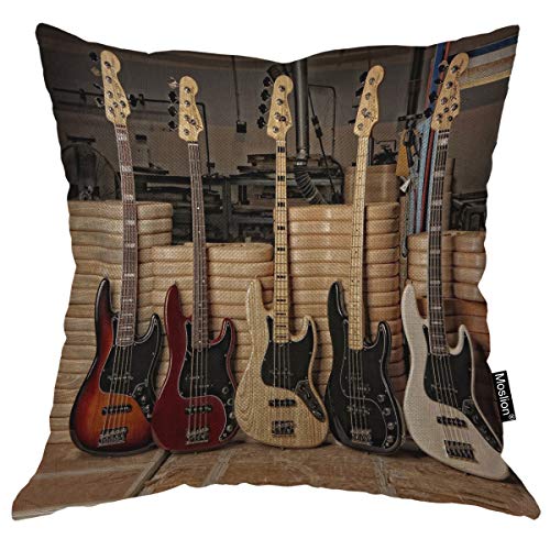 Moslion Throw Pillow Cover Guitar 18x18 Inch Bass Music Musical Instruments Strings Cool Performance Show Square Pillow Case Cushion Cover for Home Car Decorative Cotton Linen