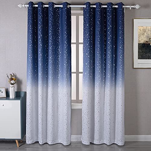 DriftAway Ombre - Cortina opaca con aislamiento térmico con ojales para sala de estar, dormitorio, 2 paneles de 122 cm x 201 cm, azul marino a blanco, con estrellas plateadas Cover