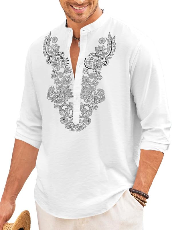 Image of FINIVO FASHION Men's Cotton Blend Short Kurta with Full Sleeves and Ethnic Neck Design | Casual Crinkle Texture Kurta with Mandarin Collar