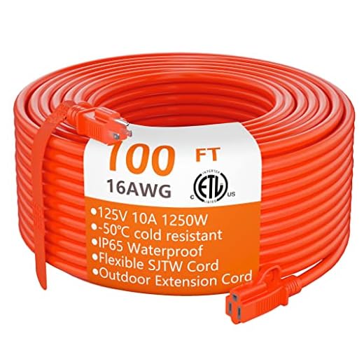 Outdoor Extension Cord 100 ft Waterproof, 16/3 Gauge Flexible Cold-Resistant Appliance Extension Cord Outside, 10A 1250W 16AWG SJTW, 3 Prong Heavy Duty Electric Cord Orange, ETL HUANCHAIN