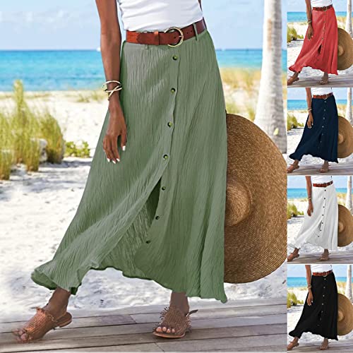 Womens Linen Button Down High Waist A Line Long Skirt Flowy Lightweight Slit Beach Maxi Skirt3