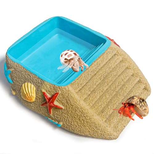 Gxsdj Hermit Crab Water Bowl with Climbing Ramp Hermit Crab Water Pool Beach Style Resin Reptile Feeding Dish Reptile Food Bowl Habitat Decor Accessories for Turtle Gecko Lizard Frog 8.76.72.2 in