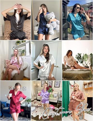 Image of Ekouaer Satin Pajama Set for Women 2 Piece Pj Sets Short Sleeve Sleepwear | Super Soft Silky Summer Loungewear Set with Ruffle Short Sleeve Top and Pocket Shorts, Casual Travel Daily Gift