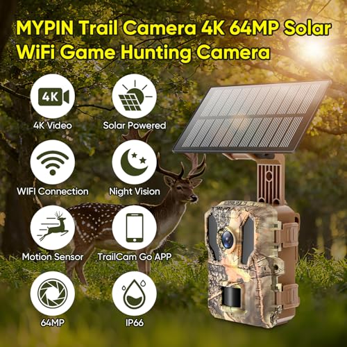 MYPIN Wildkamera 4K 64MP, Solar WLAN Jagdkamera mit Nachtsicht, 5000mAh Akku, IP66 Wasserdicht, Bewegungssensor, 64GB Speicherkarte