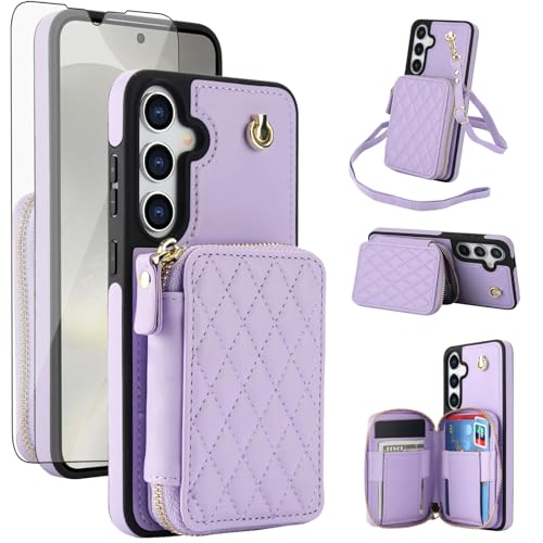 Phone Case for Samsung Galaxy S24 Plus S24+ 5G Wallet Cell Cover with Tempered Glass Screen Protector Wrist Crossbody Strap RFID Blocking Card Holder S24Plus 24S + S 24 24+ SM-S926U Women Girls Purple