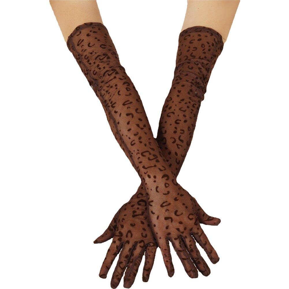 Wudaizhi Brown Leopard Print Mesh Gloves - Long, Vintage Elbow-Length 1920S Opera Gloves For Parties & Weddings