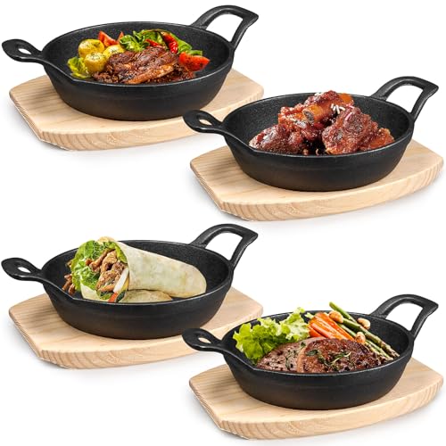 PQHIQ 4 Sets Mini Cast Iron Skillet, Cast Iron Plates Skillet with Wooden Base, Small Round Fajita Plate Nonstick Baking Pan Sizzling Plate for Indoor and Outdoor Use (16 cm)