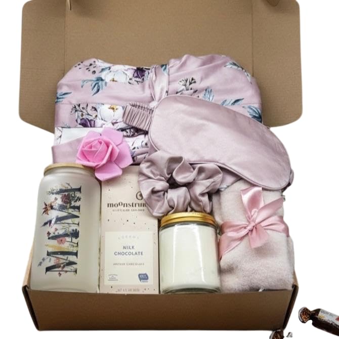 Luxury Self-Care Gift Box for Mom, Floral Satin Robe, Sleep Mask, Scrunchie, Tumbler, Candle, Cozy Socks
