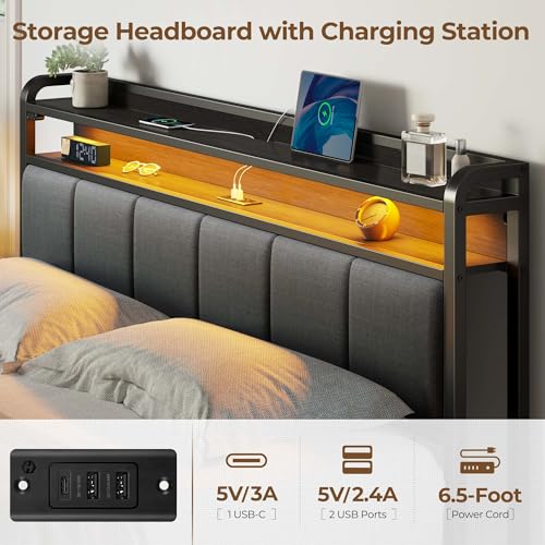 Image of Rolanstar Bed Frame King Size with Charging Station and LED Lights, Upholstered Headboard with Storage Shelves, Heavy Duty Metal Slats, No Box Spring Need, Noise Free, Easy Assembly, Grey