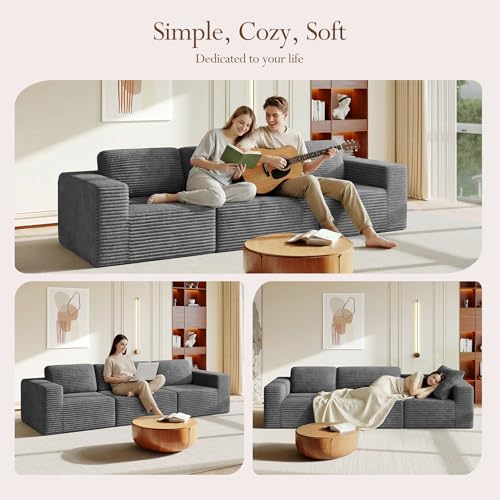 Image of Vesgantti 119 inch Modular Sectional Sofa, Corduroy Cloud Couch with Deep Seating & Spring Support, 3 Seater Flexible Layout Sofa, Boneless Couch for Living Room & Apartment, No Assembly Required, Grey