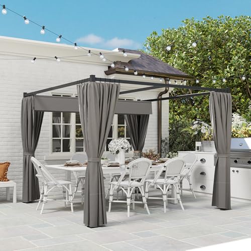 Outsunny 3 x 3(m) Pergola with Retractable Roof Canopy and Curtains, Metal Frame Garden Gazebo Outdoor Sun Shade Shelter for Grill, Patio, Deck, Light Grey - Image 8