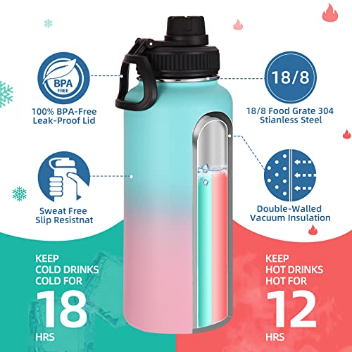 Image of Volhoply 32 oz Water Bottles Bulk 2 Pack with Straw Lid & Spout Lid,Insulated Sports Water Bottle,Double Wall Vacuum Stainless Steel Cups,Leakproof Wide Mouth Metal Flask for Travel(Green Pink,2)