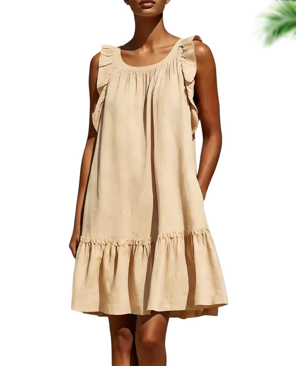 Minivestido Verde para Mujer, Estilo vacacional, sin Mangas, de Corte Holgado y con Volantes; Vestido de Verano Fluido con Dobladillo de Volantes, Ideal para la Playa y Vacaciones.