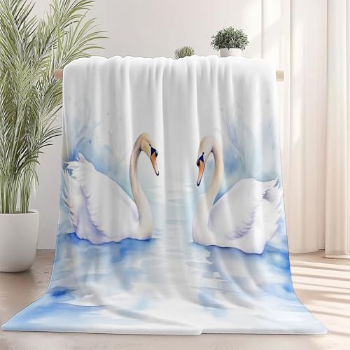 Flanell Decke für Sofa Bett, Aquarell See Elegant Schwäne Printdesign, Weiß Flauschige Kuscheldecke aus Flanell Wärmende Tagesdecke Waschbar Überwurf für Erwachsene und Kinder 180×200 cm
