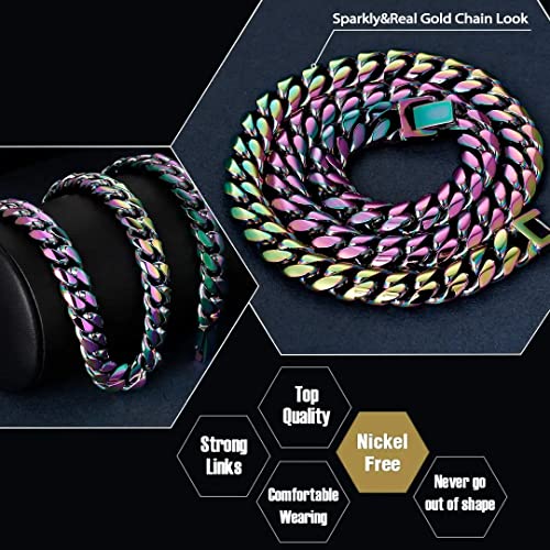 Huamingsh 10Mm Rainbow Colorful Gold Plated Titanium Stainless Steel Cuban Link Necklace Choker For Men Women Curb Chain Hip Hop Jewelry 24 Inches #TOP1