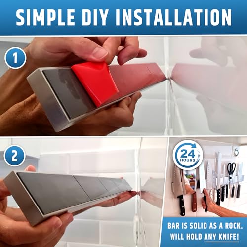 Image of 24 inch Strong Adhesive (No Drill) Magnetic Knife Holder for Wall - Professional Knife Strip - No Screws Needed - Adhesive Backing - Stainless Steel Knife Bar (Upgraded Version - Will Not Fall)