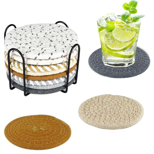 Dessous De Verre 8 Pièces sous Verre Rond Antidérapant Dessous De Verre Feutre,Boisson Dessous sous Lavabledessous De Verres,Vec Support en Métal, pour Boissons, Tasses, Bar(11cm)