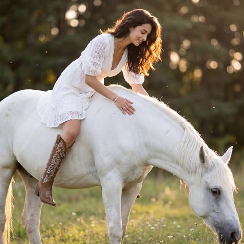 Image of wetkiss Women's Knee High Cowboy Boots | Western Cowgirl, Embroidered Pointed Toe, PU Leather, Chunky Heel, Pull On Tall