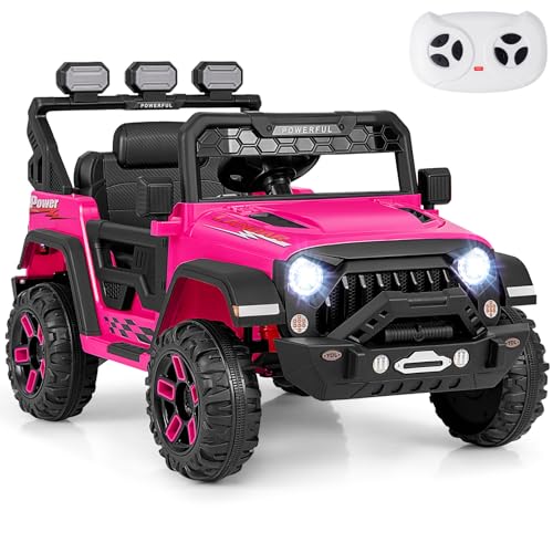 GYMAX 12V Kids Ride on Car, Children Electric Off Road Truck with Remote Control, Light, Music, Wireless Connection, USB, Spring Suspension&Slow Start, Battery Powered Toy Car for 3 Years Old+ (Pink)