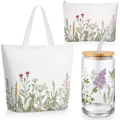 FoldTier 3 Pcs Plant Lover Gift for Women, Spring Aesthetic Gift for End of Year Teacher, Floral Canvas Tote Bag, 16 oz Coffee Cup with Straw Lid, Makeup Bag for Mother Birthday(White,Flower)