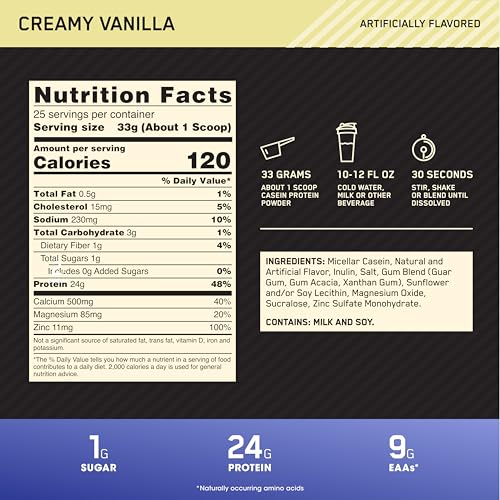 Optimum Nutrition Gold Standard 100% Casein Proteinpulver, Geschmack Creamy Vanilla, 924g, 28 Portionen