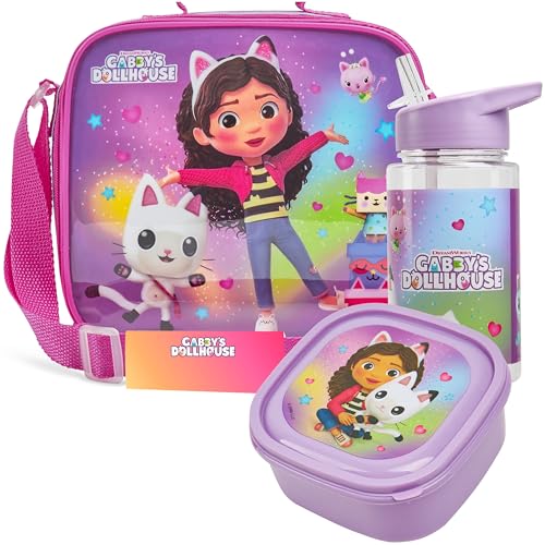 Get Trend Gabbys Dollhouse Lunchtasche Kinder Set mit Trinkflasche und Lunchbox BPA Frei Isolierte Tasche für Schule Kita Kindergarten Urlaub (Gabby’s Dollhouse)