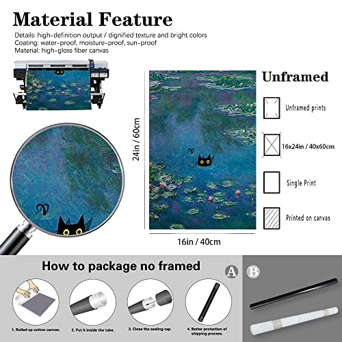 Vintage Monet Canvas Wall Art Famous Oil Paintings Monets Water Lillies Black Cat Poster Funny Cat Floral Print Abstract Farmhouse Gallery Aesthetic Room Decor For Bedroom Bathroom 16X24In Unframed #TOP6