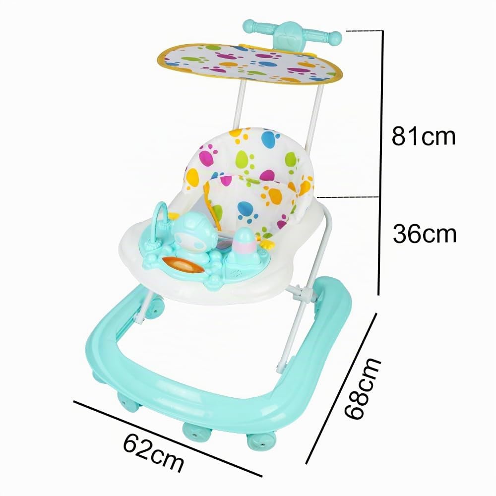 Ausilio Didattico per Neonati - Babywalker- vassoio per pasti e vassoio per attività musicali rimovibili, 6 mesi e più, anti-ribaltamento con ruote silenziose a 360°,62 * 68 * 36-81 cm - Verde
