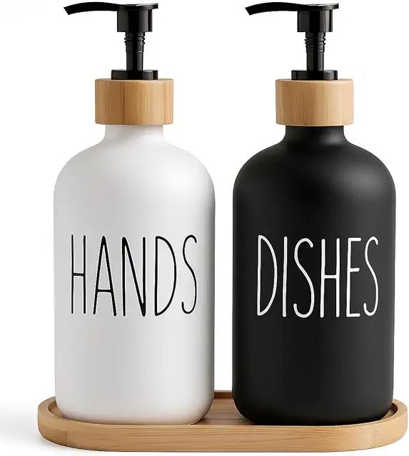 Kitchen Soap Dispenser Set with Wooden Base - Black Glass Bottles, Refillable