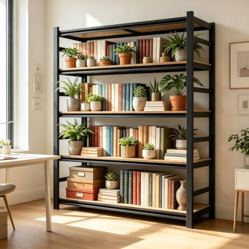 Image of 5 Tier Book Shelf, Adjustable Tall Bookcase with Wood Shelves