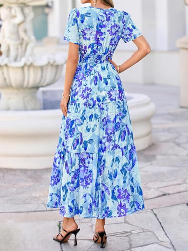 Image of BTFBM Womens Summer Floral Maxi Dresses V Neck Short Sleeve Boho Casual Flowy Long Wedding Guest Dress Beach Vacation
