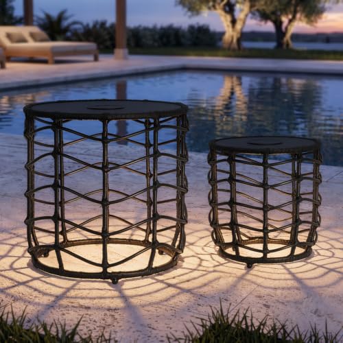 PARTPHONER Boho Solar Outdoor Side Table with Built-in Lights Set of 2, All-Weather Wicker Nesting Tables, Round Waterproof Accent End Table Design for Patio, Porch, Garden & Balcony, Black