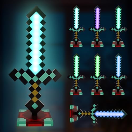 Craft Diamantschwert Licht 7 Farben Wiederaufladbare Lichtschwert für Kinder Miner Game Schwert mit Abnehmbarer Basis 2 in 1 Sword LED Lichter für Kinder Geschenke Cosplay Zimmer & Party-Dekoration