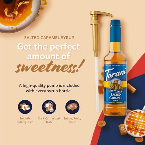 Image of Torani Sugar Free Coffee Syrup, Salted Caramel Flavored Syrup for Drinks, Zero Calorie, Pump Included, 25.4 Fl Oz (Pack of 2)