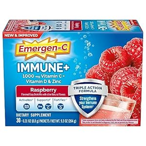 Emergen-C Immune+ Triple Action Immune Support Powder, BetaVia (R), 1000mg Vitamin C, B Vitamins, Vitamin D and Antioxidants, Raspberry – 30 Count