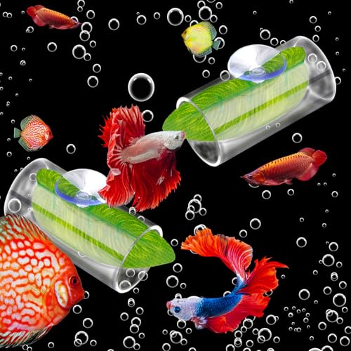 Image of NQEUEPN 2pcs Betta Fish Acrylic Tube Tunnel with Pretended Leaf Suction Cup, Transparent Betta Fish Tank Decorations, Aquarium Decorations (Transparent)