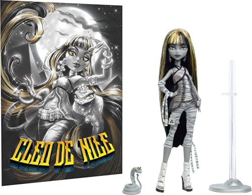 Image of Monster High Reel Drama Doll, Cleo De Nile Black and White Reproduction Collectible with Doll-Size and Life-Size Posters, Horror Flick Theme, and Pet